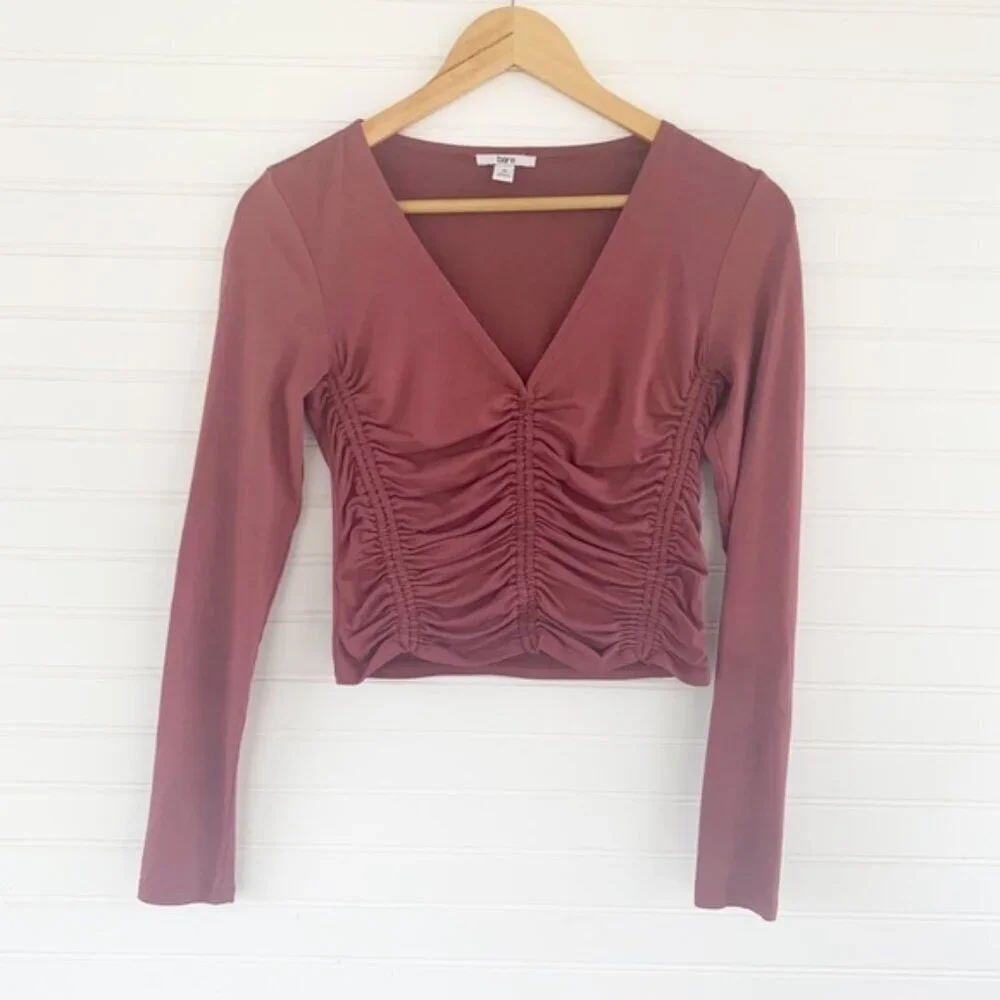 Bar III Ruched V-Neck Long Sleeve Top XS Mauve Plum Fitted Stretch Blouse - Picture 2 of 6